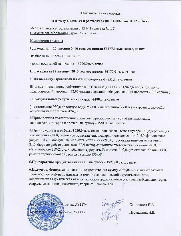 Отчет о доходах и расходах за 2016г