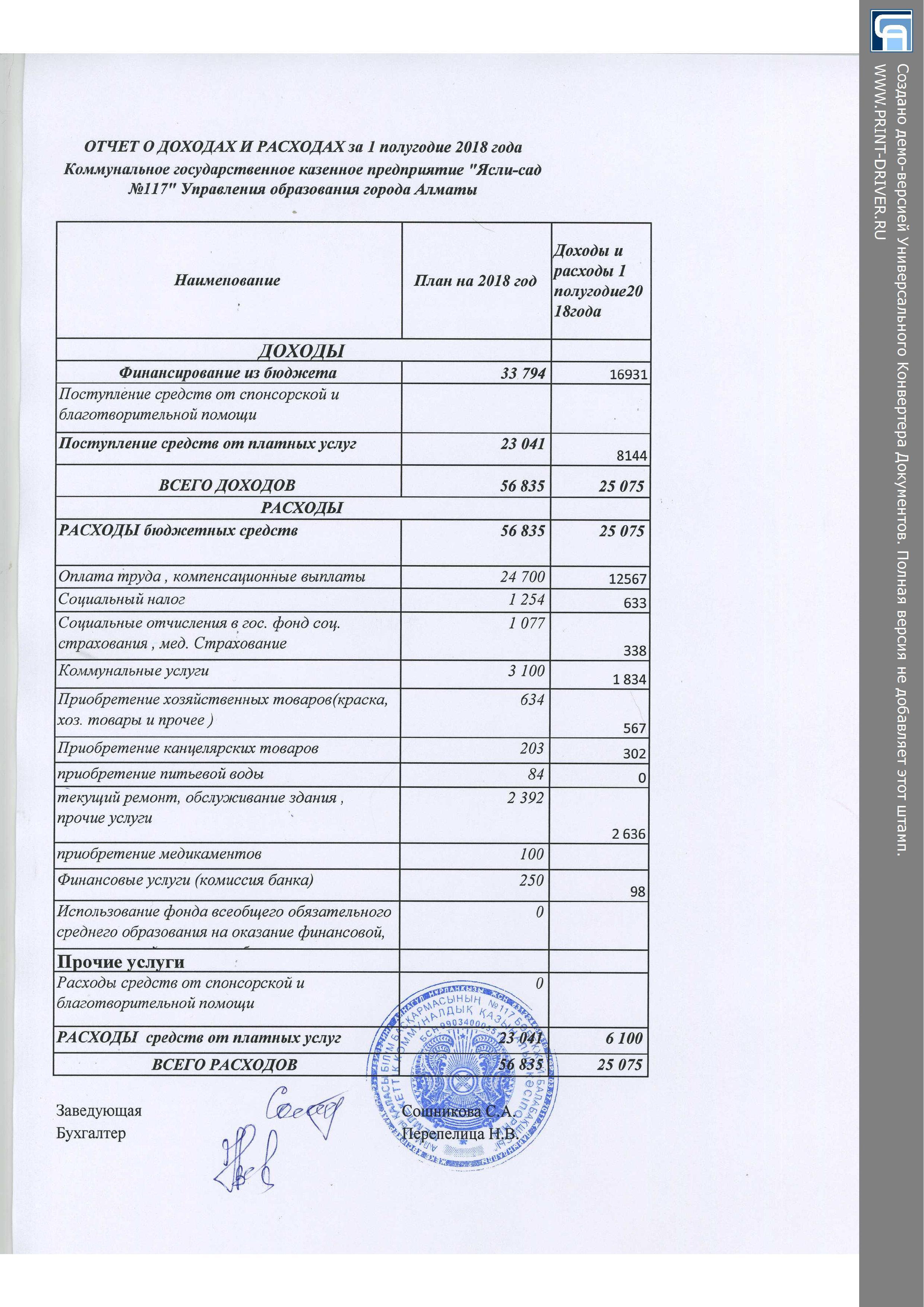 отчет о доходах и расходах за 1 полугодие 2018 год 